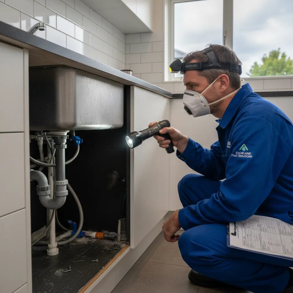 Benefits of IPM: Sustainable Pest Control for Auckland Properties Certified IPM technician Ronnie inspecting structural entry points in an Auckland kitchen