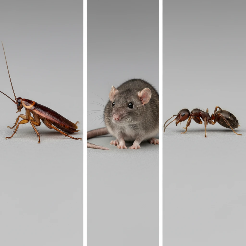 Common Auckland Pests: Identification, Risks & Control Solutions Comparison of common Auckland pests including German Cockroach, Norway Rat, and Argentine Ant