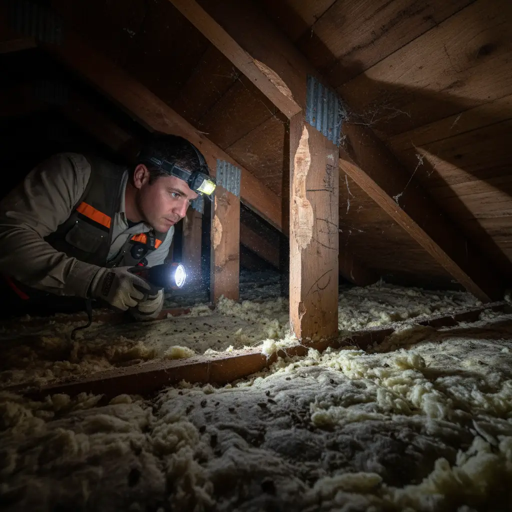 Effective Rodent Extermination Auckland Professional exterminator in Auckland inspecting a roof void for signs of rat activity using a high-intensity torch