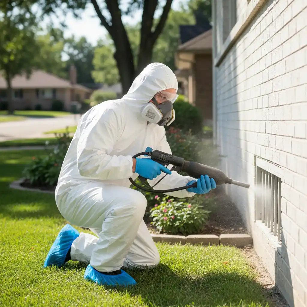 Professional pest control technician treating sub-floor for cockroaches