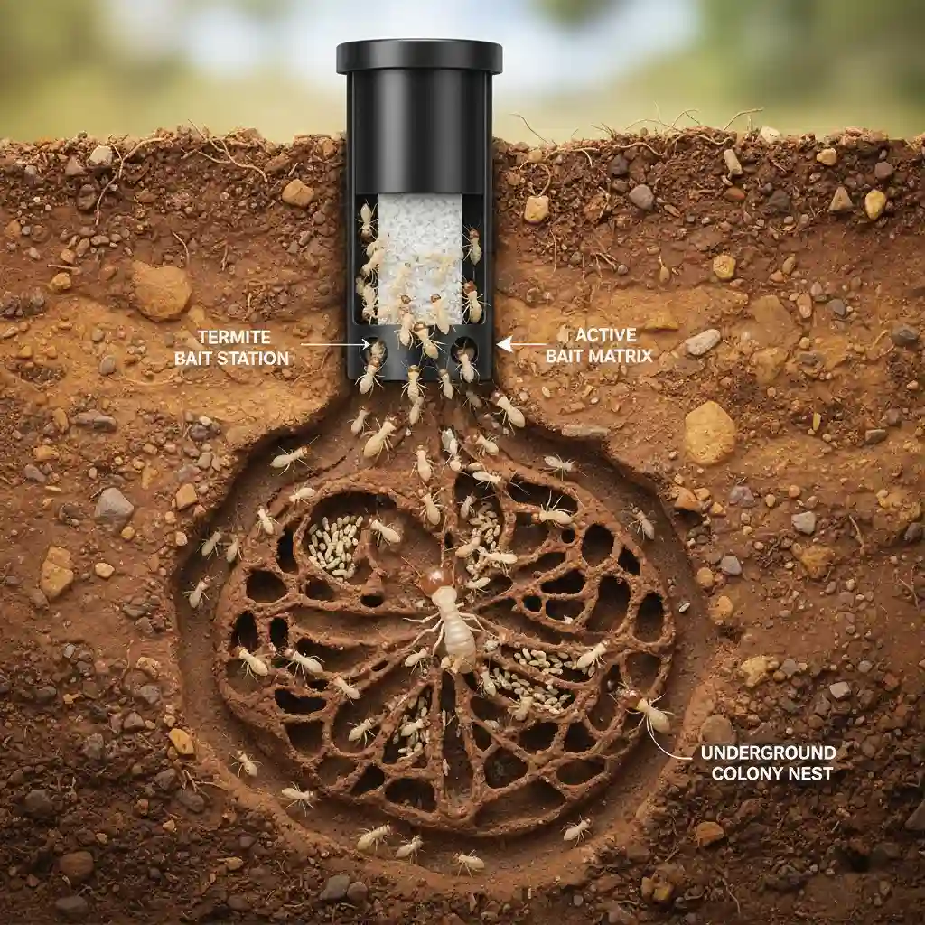 Understanding Termite Baiting Systems Auckland Scientific diagram showing termite workers sharing bait with the colony queen via trophallaxis