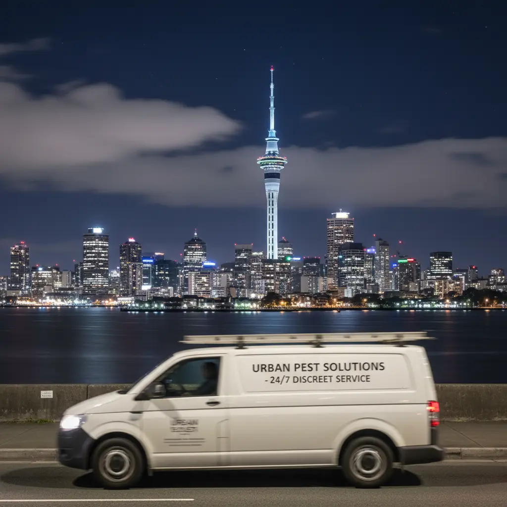 Auckland CBD skyline at night representing after-hours pest control services
