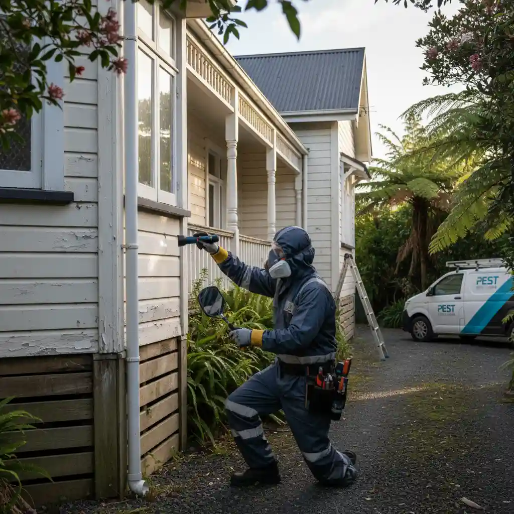 Professional pest control technician inspecting an Auckland home