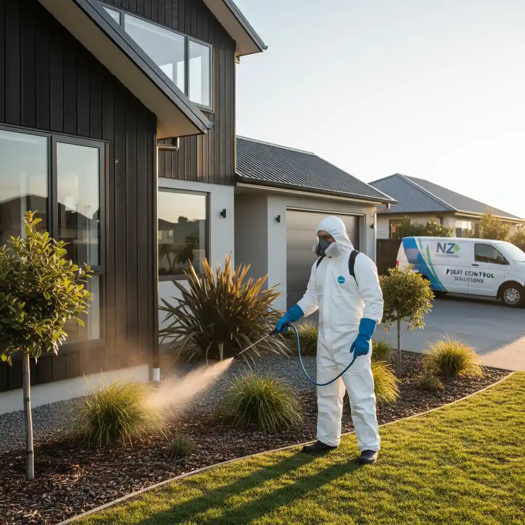 Average Cost of Home Pest Control Auckland Professional pest control technician treating a home exterior in Auckland