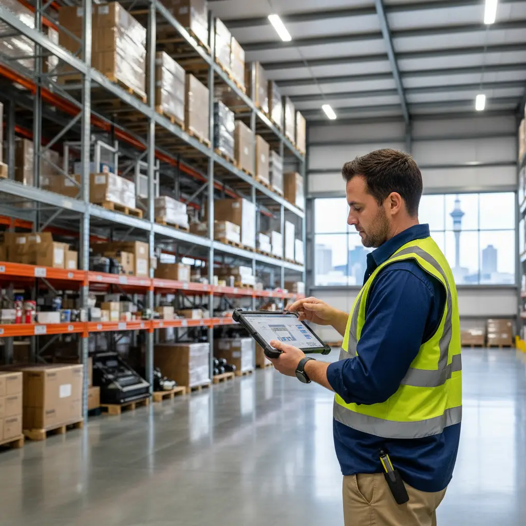 Certified commercial pest control technician inspecting a food-grade warehouse in South Auckland