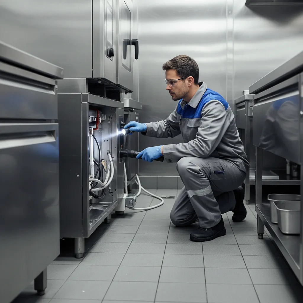 Professional certified technician performing a commercial kitchen pest audit for an Auckland restaurant
