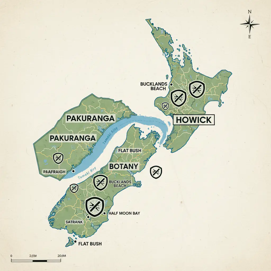 Service areas for cockroach control in East Auckland