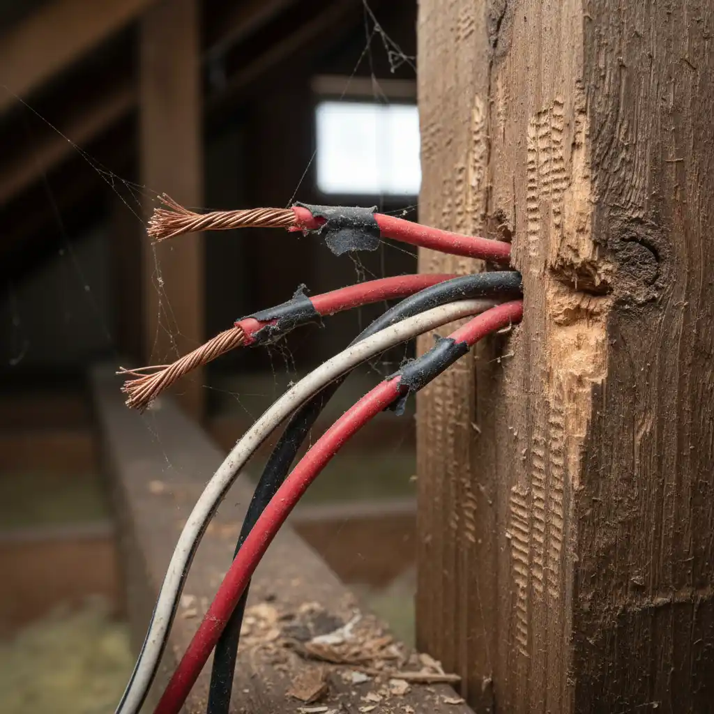 Key Signs of Rodent Infestation in Your Auckland Home Gnaw marks on electrical wiring and wood caused by rats