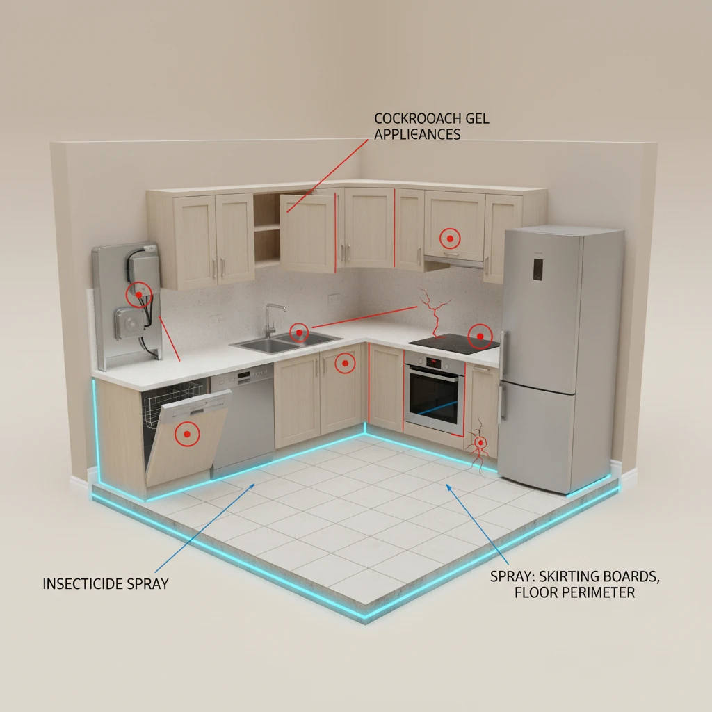 Diagram of proper cockroach gel and spray placement in a kitchen