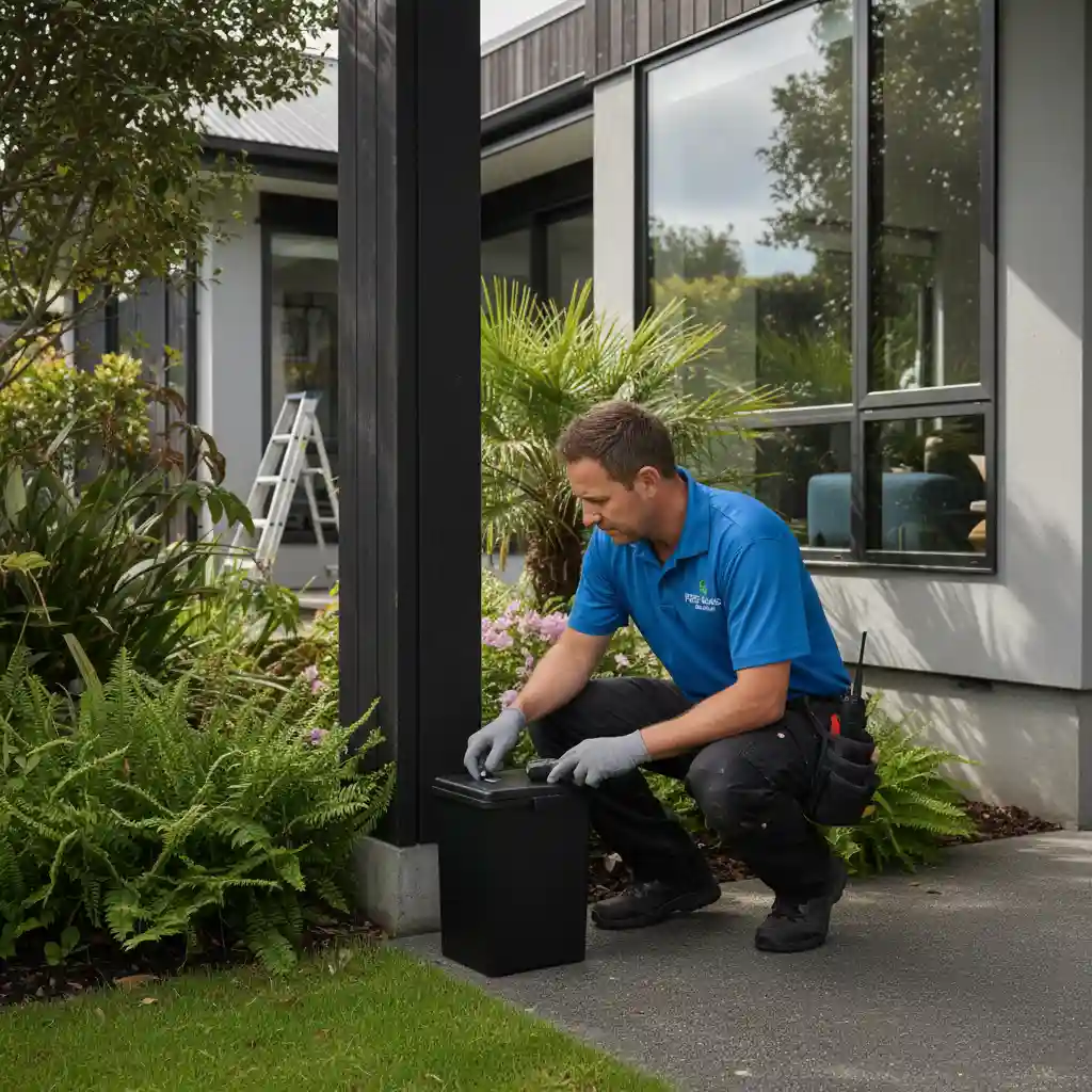 Technician inspecting pest control bait station in Auckland