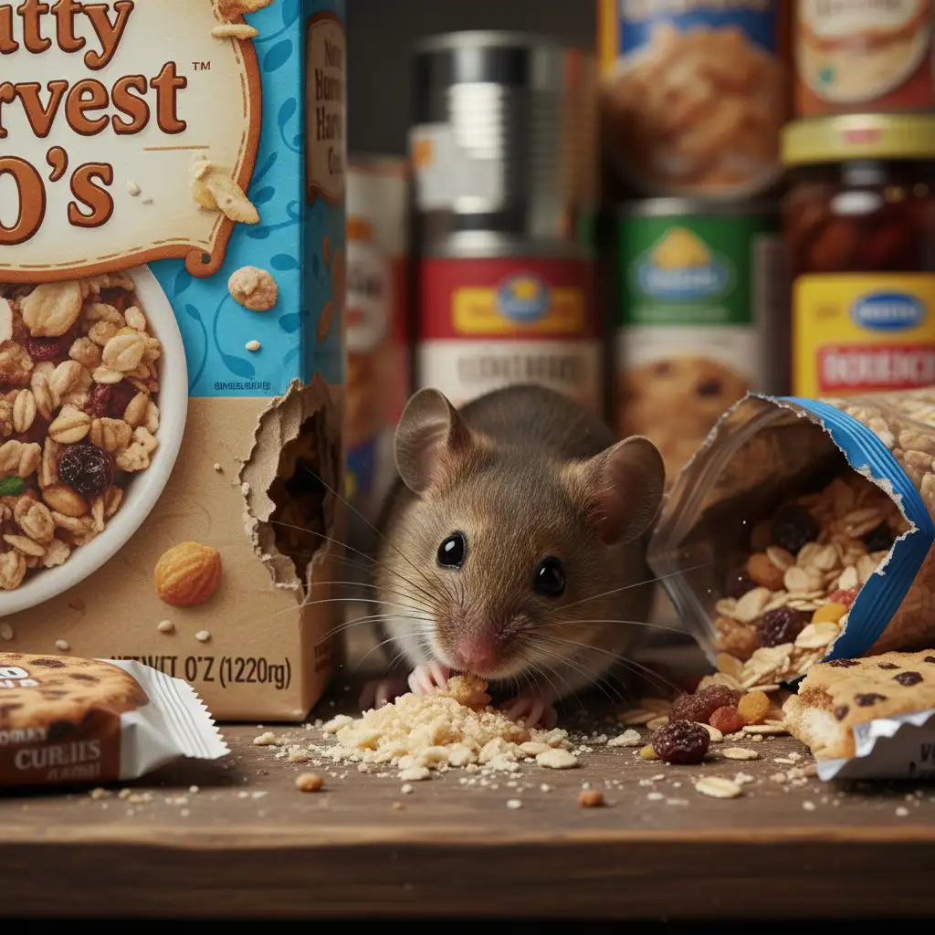 Rodent damage to food packaging in a pantry