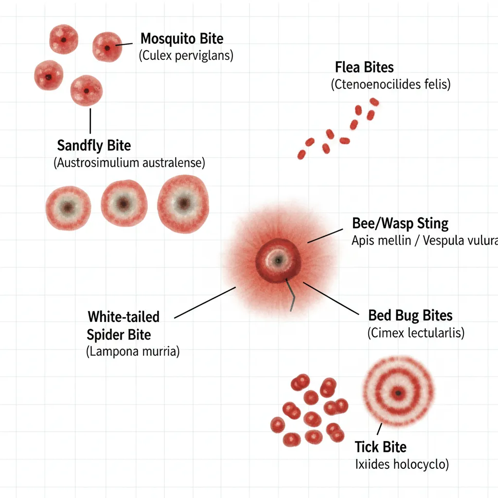 Visual guide to common pest bites in Auckland showing flea, mosquito, and spider reactions