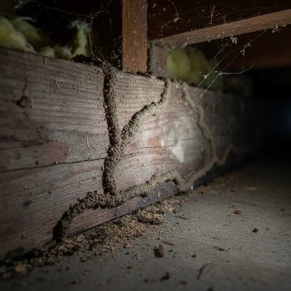 Termites in Auckland: Detection & Structural Threat Termite mud tubes on wooden beam indicating structural threat to Auckland home
