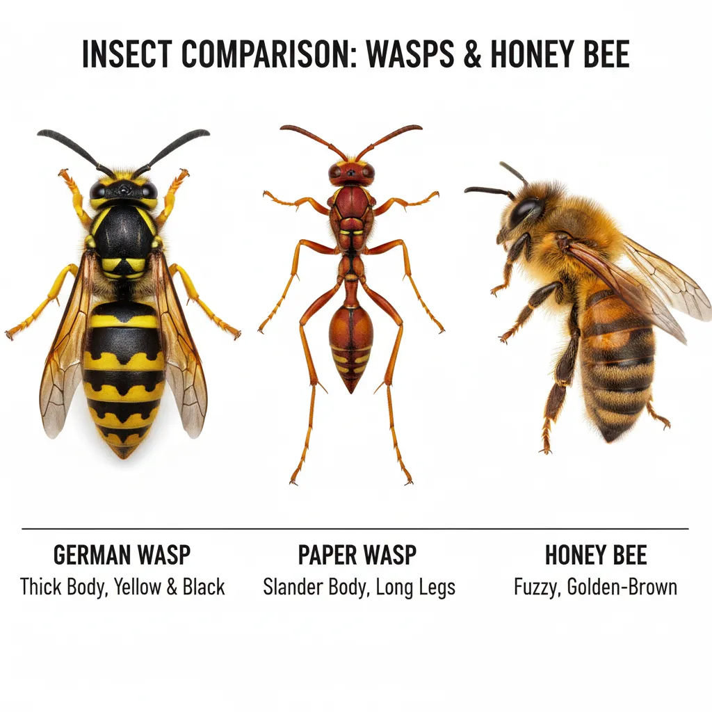 Comparison of German Wasp, Paper Wasp, and Honey Bee