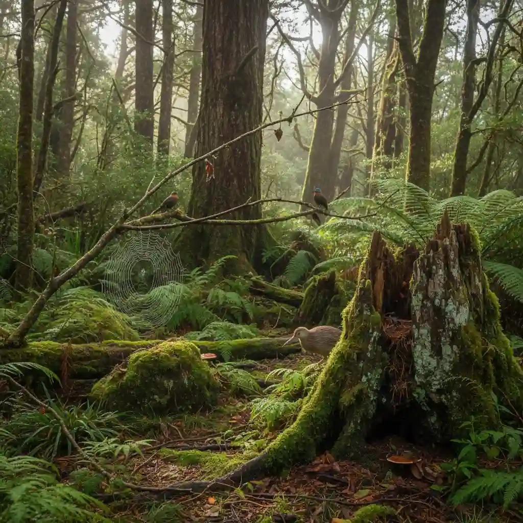 Native New Zealand forest with hidden kiwi bird