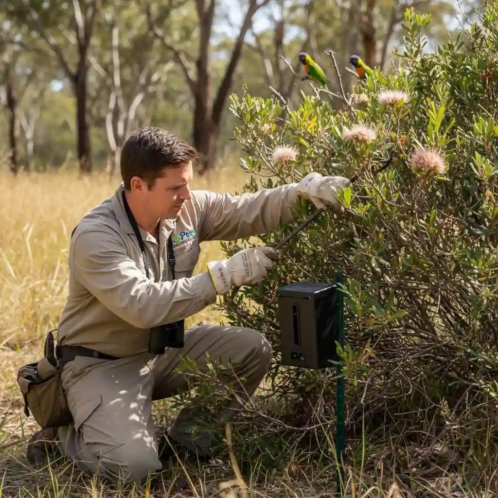 Pest control technician placing secure bait station