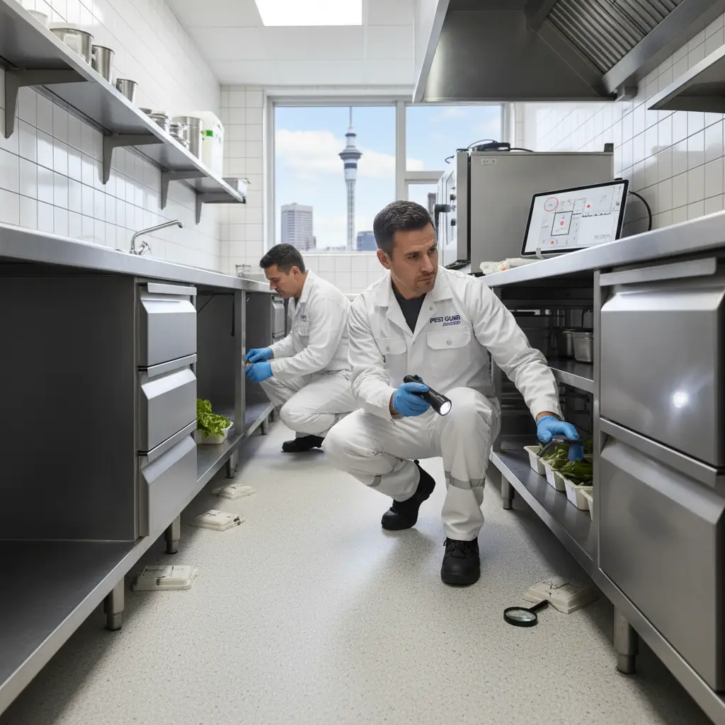 Professional pest control technician inspecting a commercial kitchen in Auckland