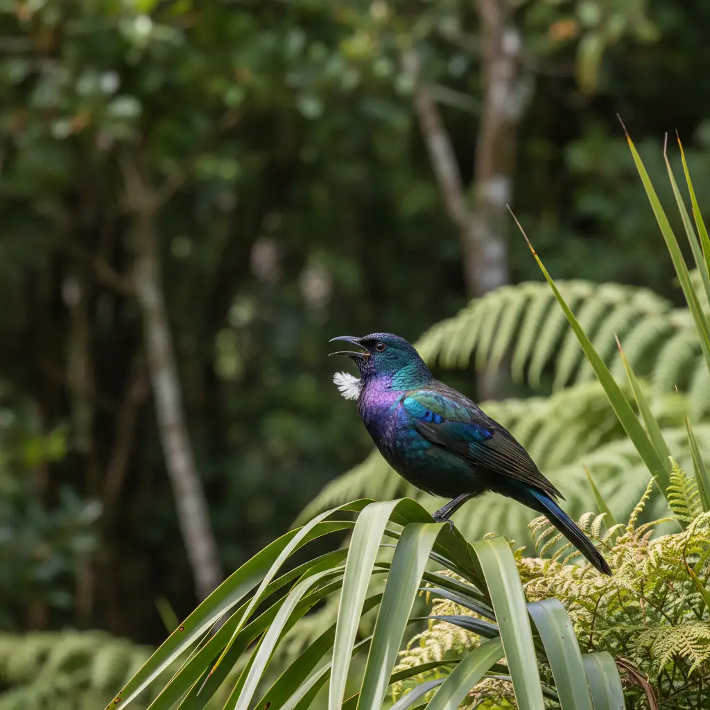 A beautiful Tūī bird, a native New Zealand species, in its natural habitat.