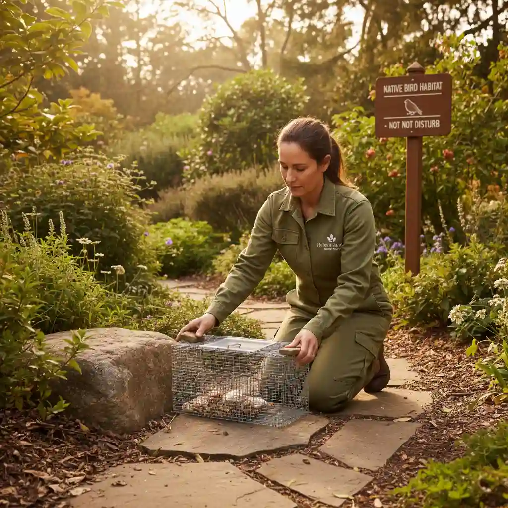 A pest control technician carefully placing a humane rodent trap in a garden to protect native wildlife.