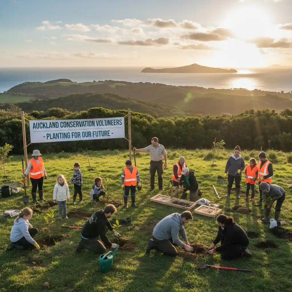 Community volunteers working together in an Auckland park to plant native trees and set pest traps as part of a conservation initiative.
