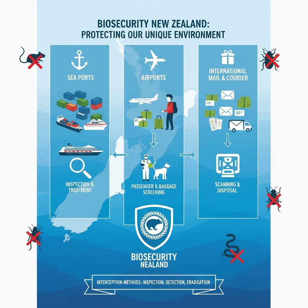 Infographic showing pest entry points and Biosecurity NZ interception
