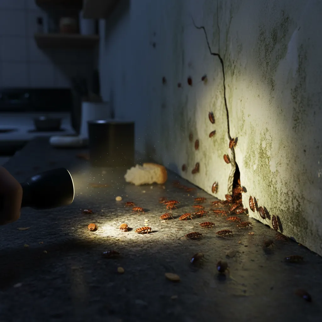 German cockroaches visible on a kitchen countertop