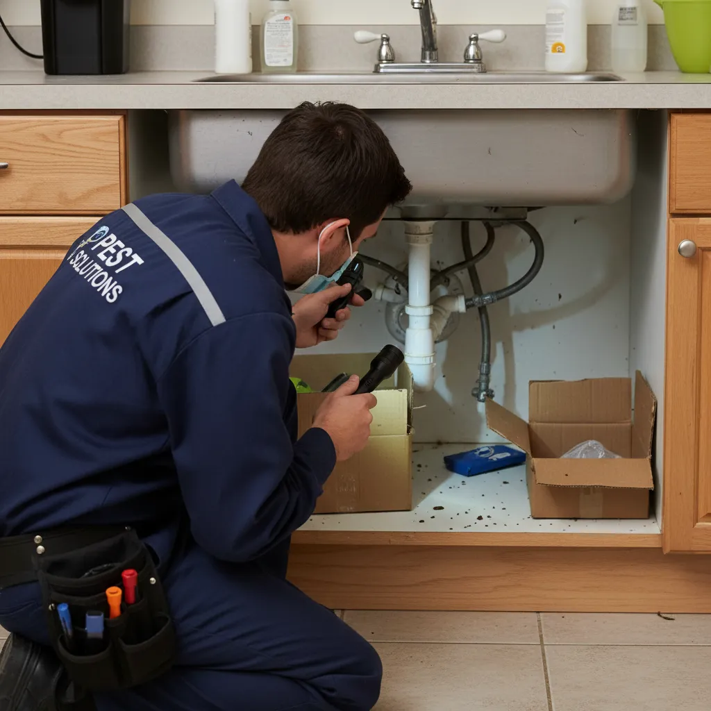 Pest control technician inspecting under a kitchen sink
