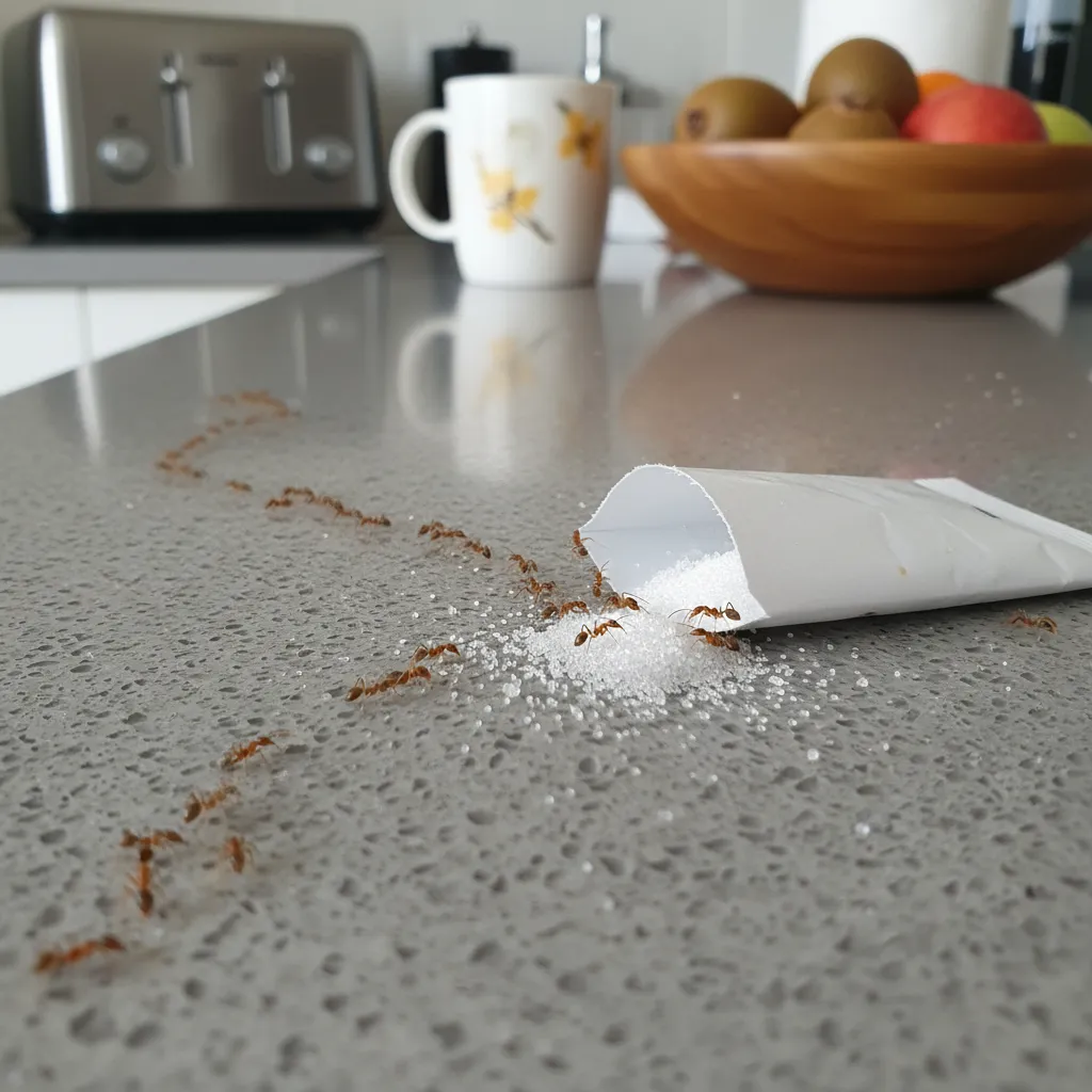 Ants trailing on a kitchen countertop towards a food source