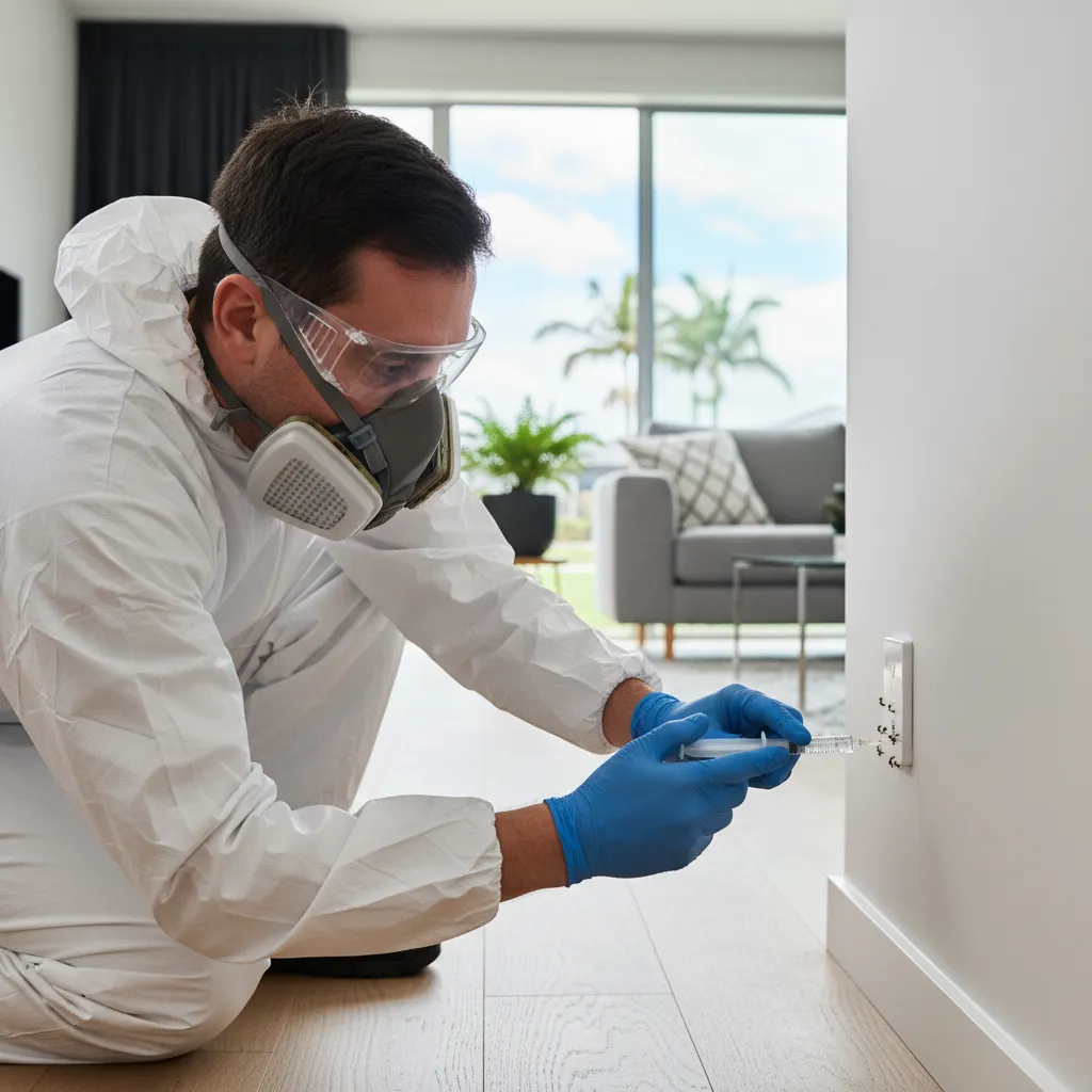 Pest control technician applying ant bait in a home