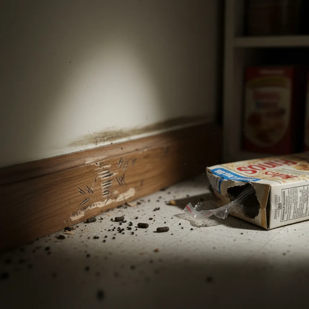 Signs of rodent infestation including droppings, gnaw marks, and damaged food packaging