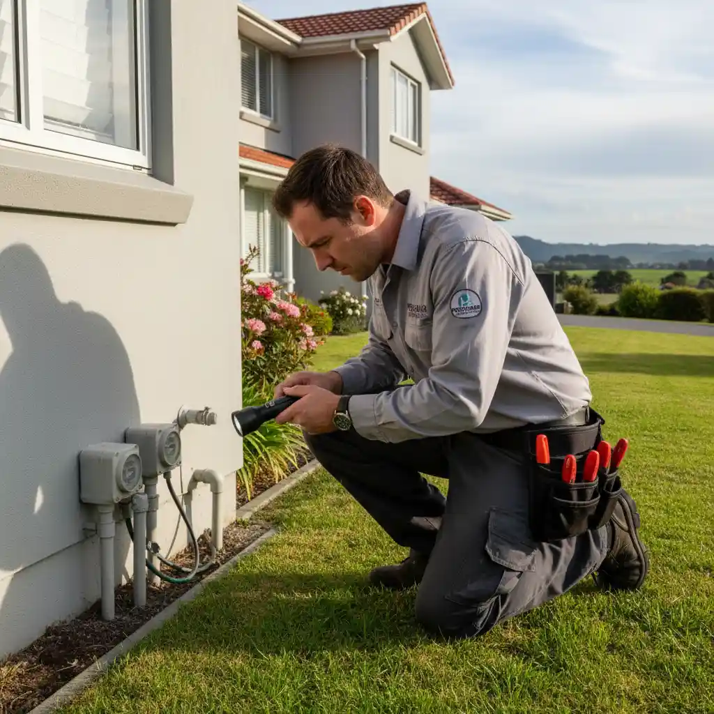 Pest control technician inspecting a home for rodent entry points