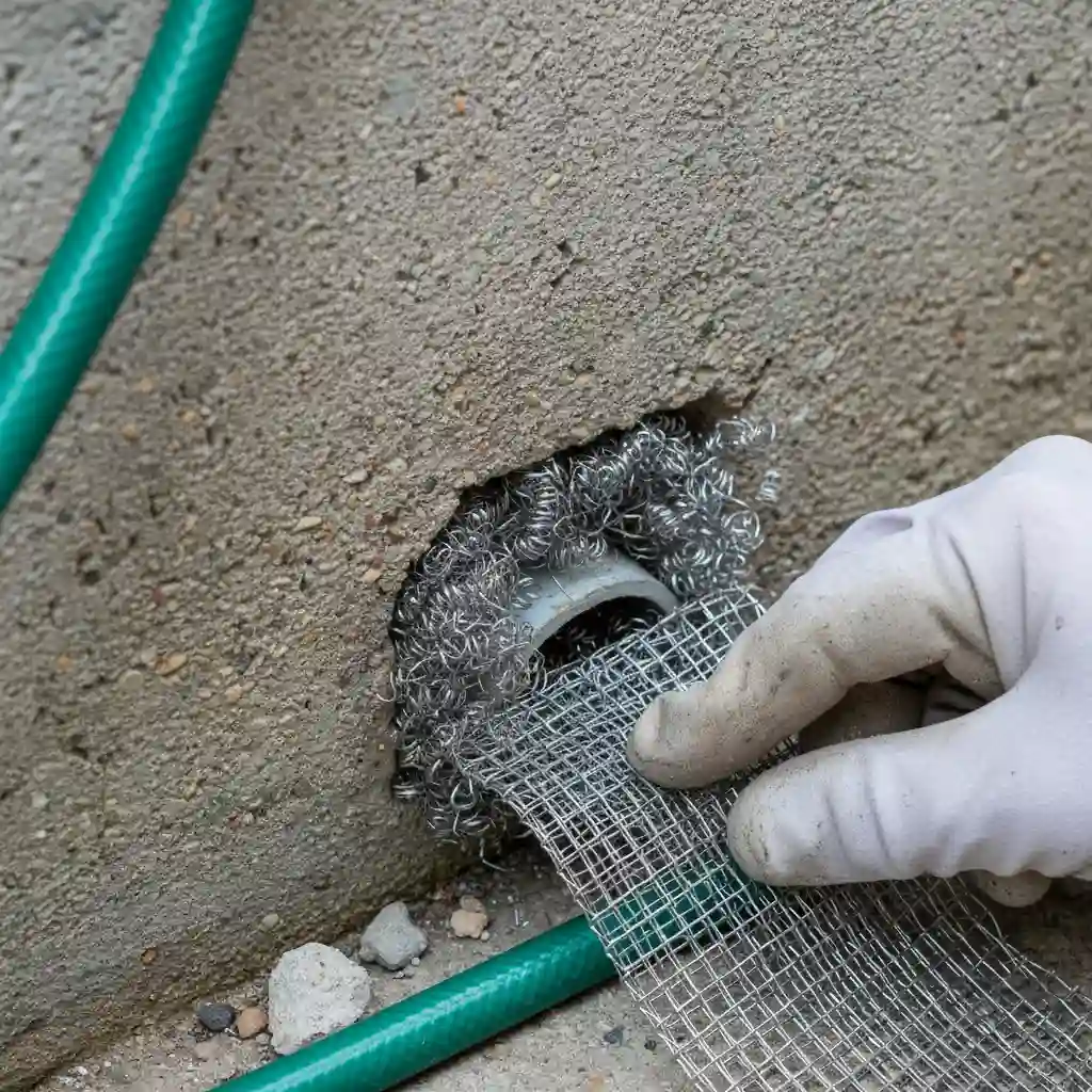 Sealing a utility pipe entry point with steel wool for rodent proofing