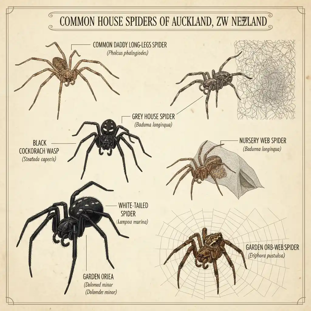 Common house spiders found in Auckland, including Daddy Long-Legs, House Spiders, and the White-tailed spider, for easy identification.