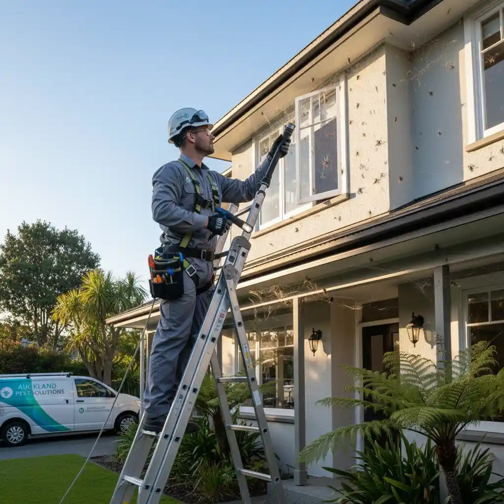 A pest control technician applying a perimeter spray around an Auckland home to prevent spider entry, demonstrating safe and professional methods.