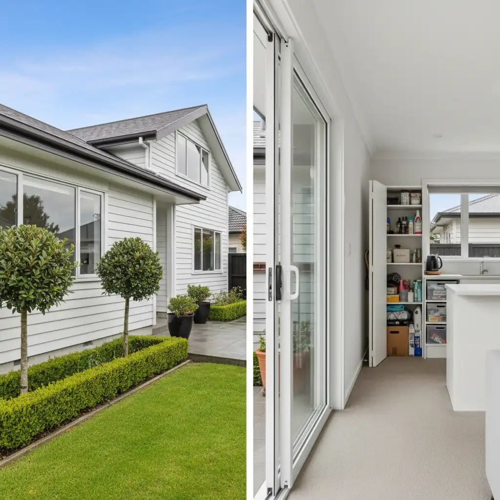 A pristine Auckland home exterior with trimmed landscaping and a well-sealed foundation, demonstrating optimal spider prevention measures.