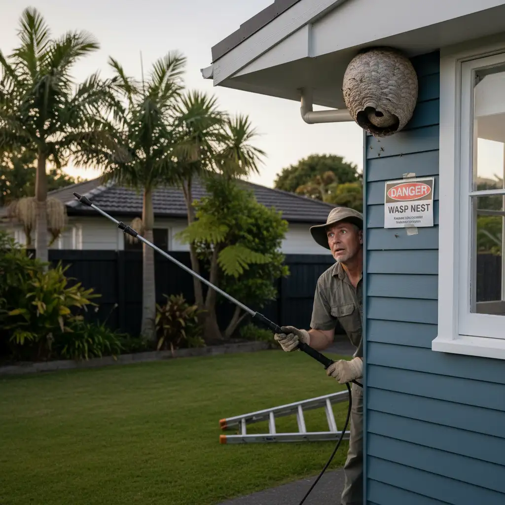 Wasp nest visible near an Auckland home