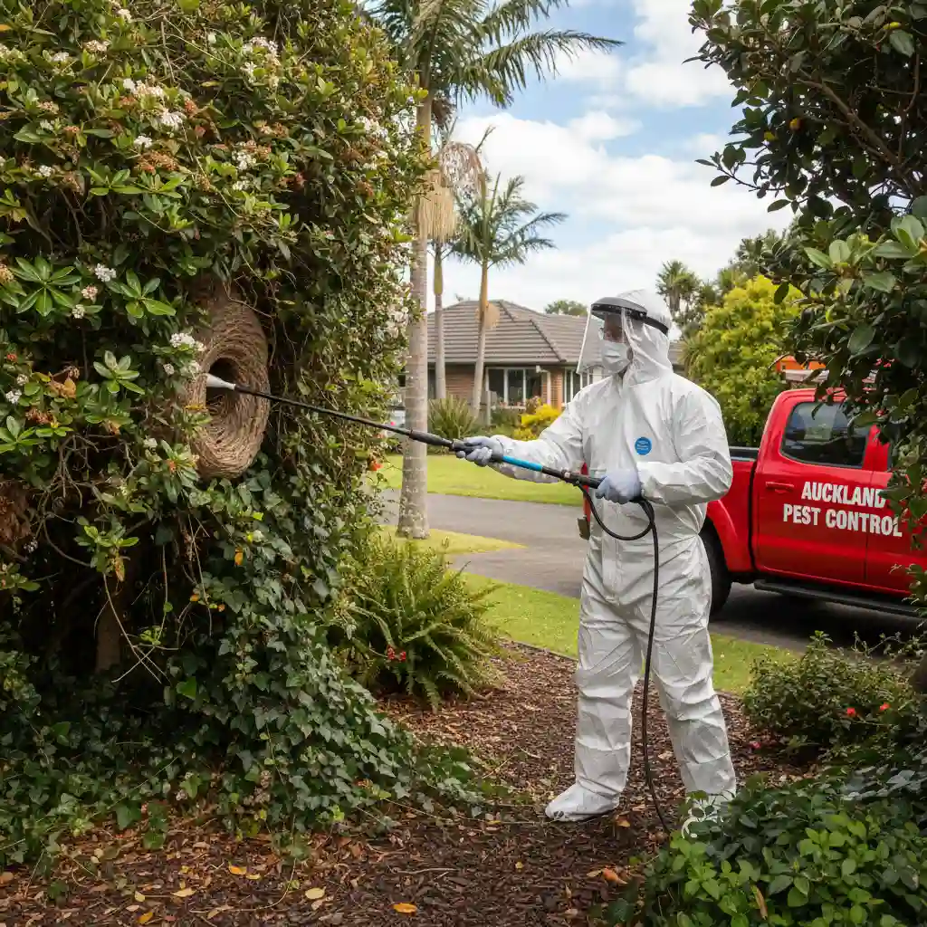 Professional wasp nest treatment in action
