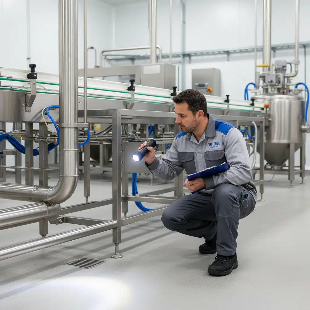 Commercial pest control technician inspecting a food processing facility in Auckland