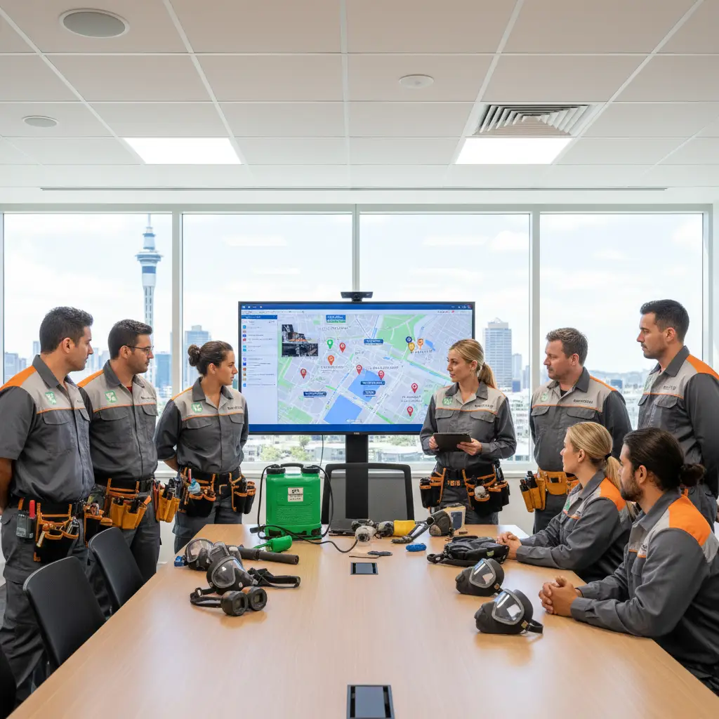 Commercial pest control team in Auckland discussing industry-specific strategies