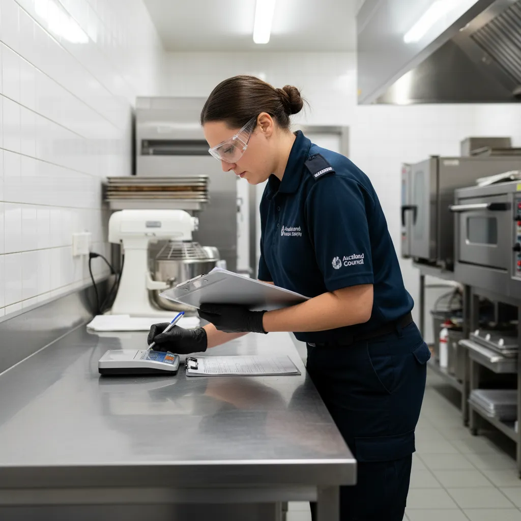 Auckland Council health inspector checking kitchen hygiene