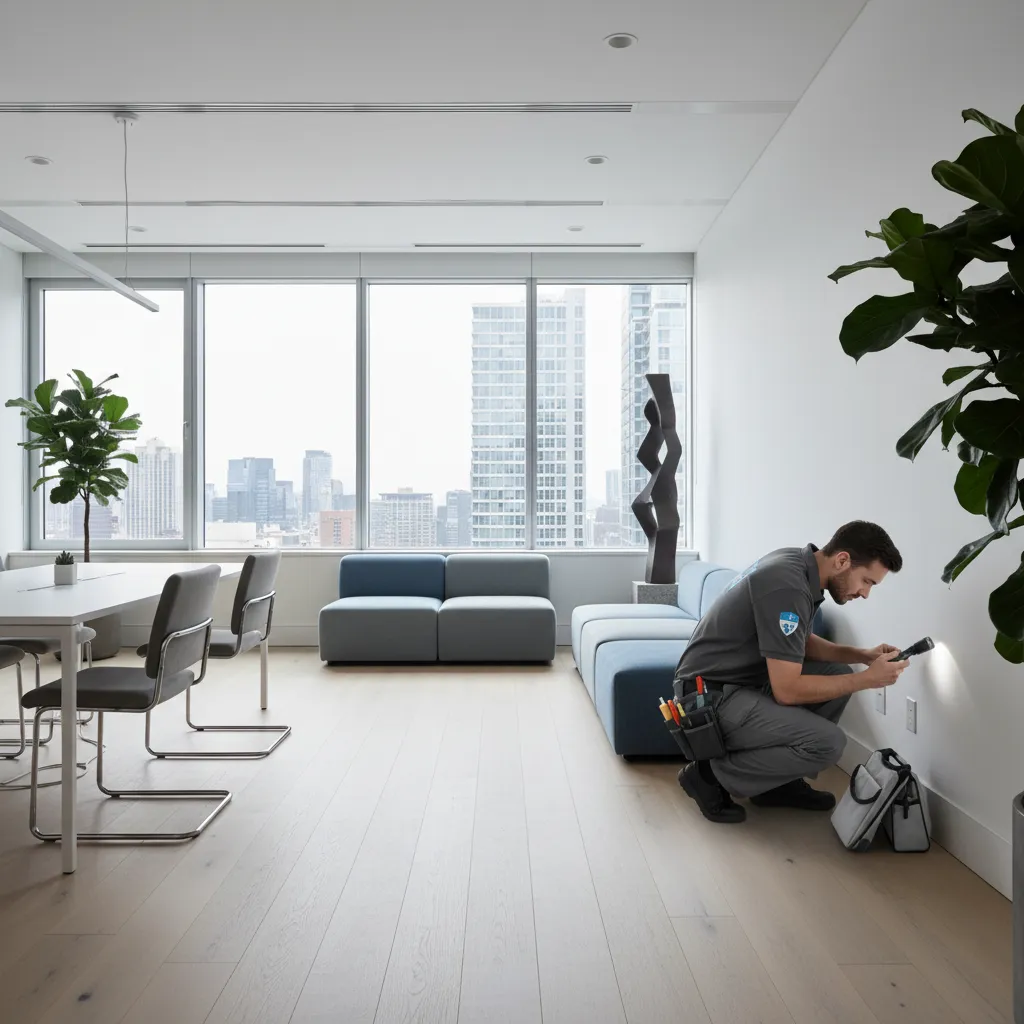 A discreet pest control technician inspecting an office corner