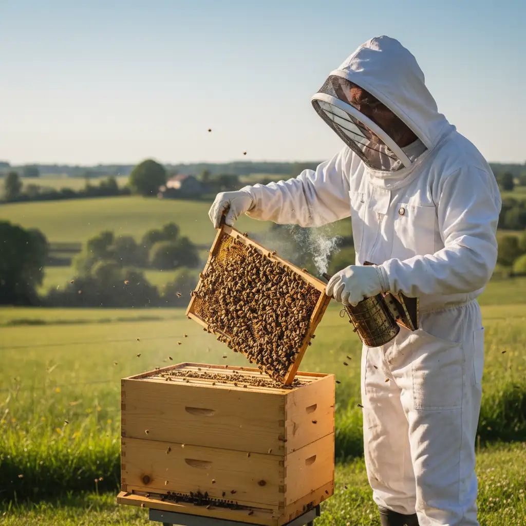 Beekeeper transferring rescued colony to a new hive