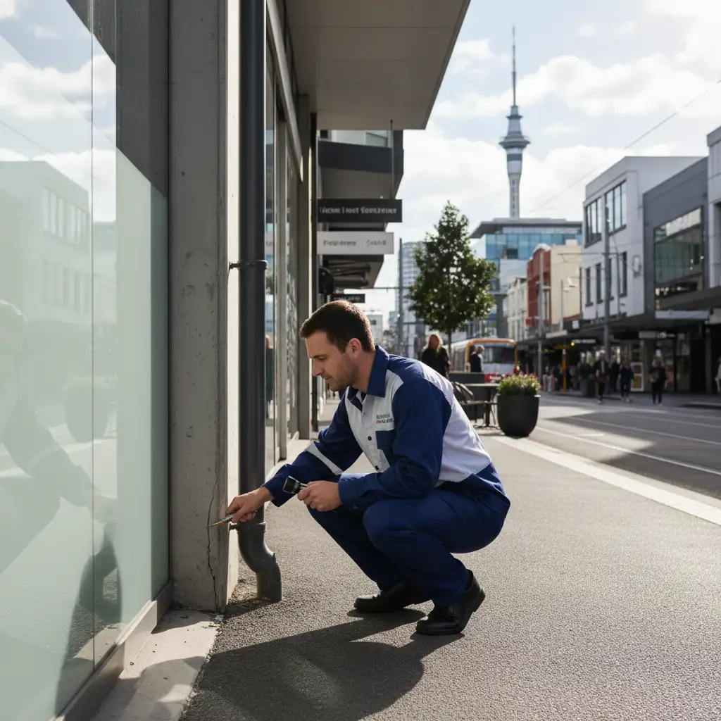 A pest control technician conducting an exterior inspection of an Auckland retail store for pest entry points.