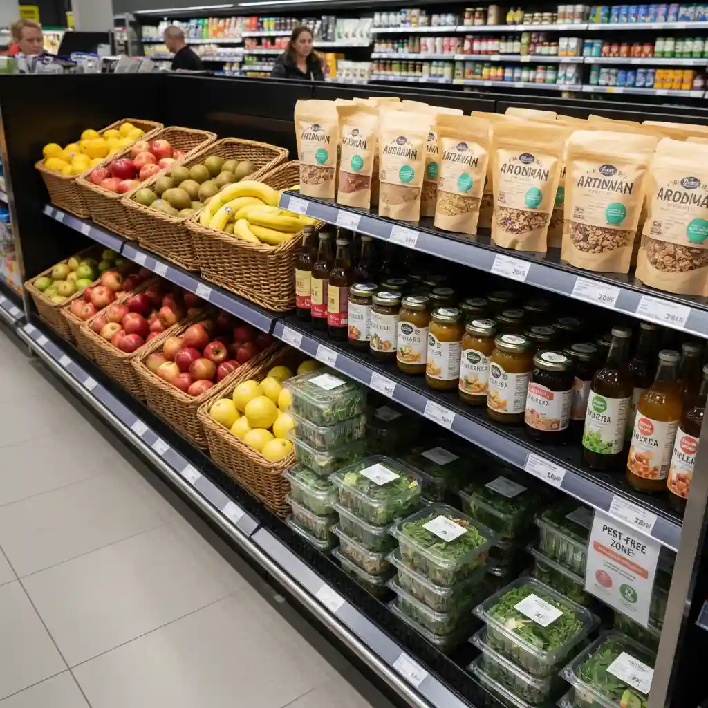A perfectly clean and organized retail shelf in an Auckland supermarket, illustrating the outcome of effective pest prevention.