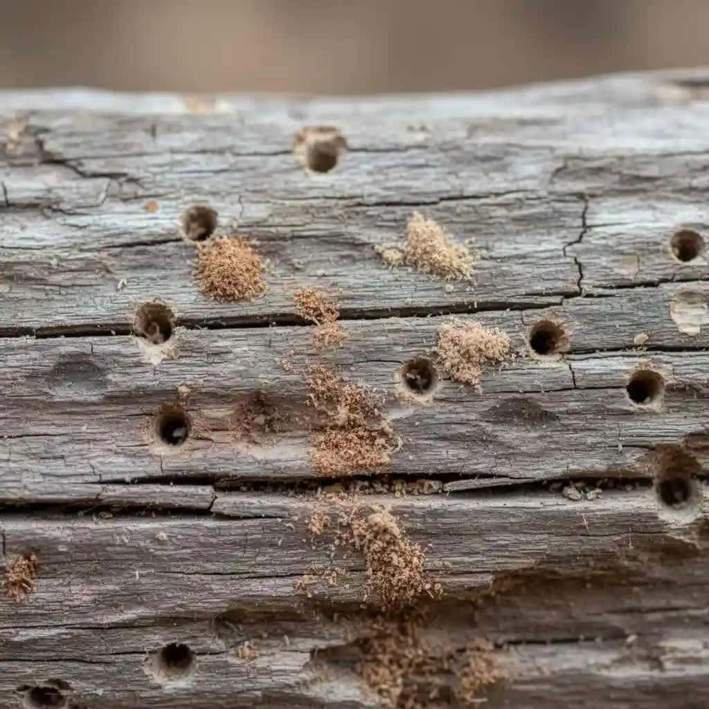 Borer exit holes and frass on wood