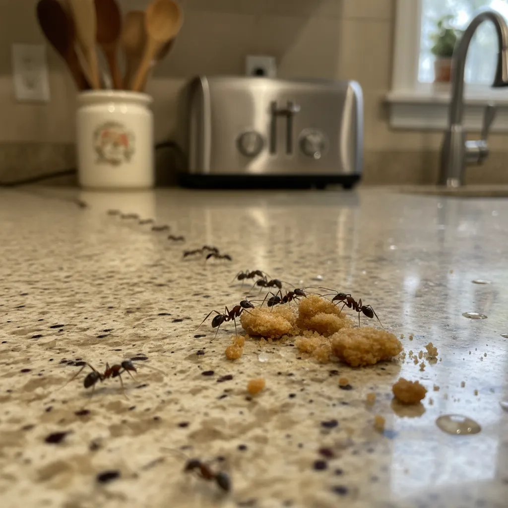 Ants trailing across a kitchen counter towards food