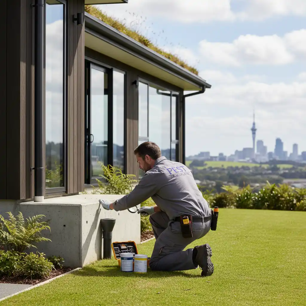 Pest control technician inspecting home exterior for ants
