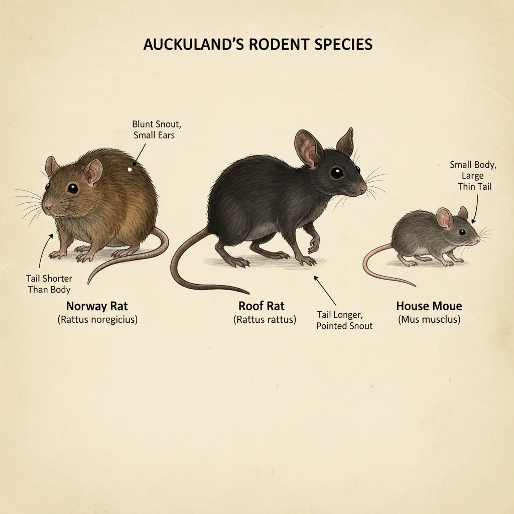 Illustration of Norway rat, Roof rat, and House mouse common in Auckland