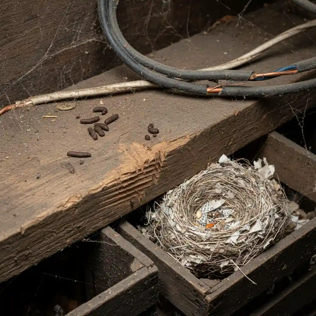 Rodent droppings, gnaw marks, and nest indicating infestation