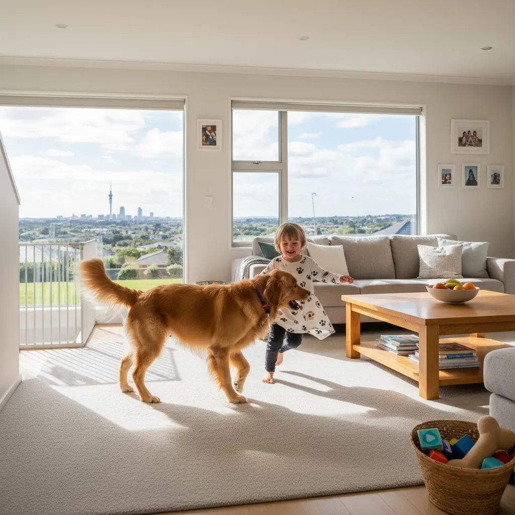 Child and dog playing safely indoors in Auckland